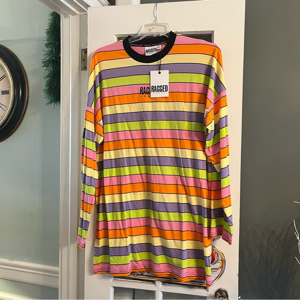 WT Ragged Priest Rainbow Striped Long Sleeve Dress Size Large 🌈